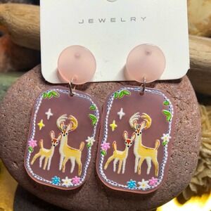 WHIMSICAL translucent pink dangle earrings with dainty deer Cottagecore Chic